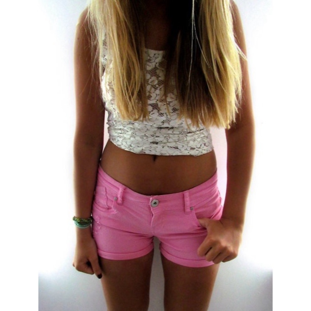 Pink Distressed Cuffed Denim Shorts - Picture 6 of 7